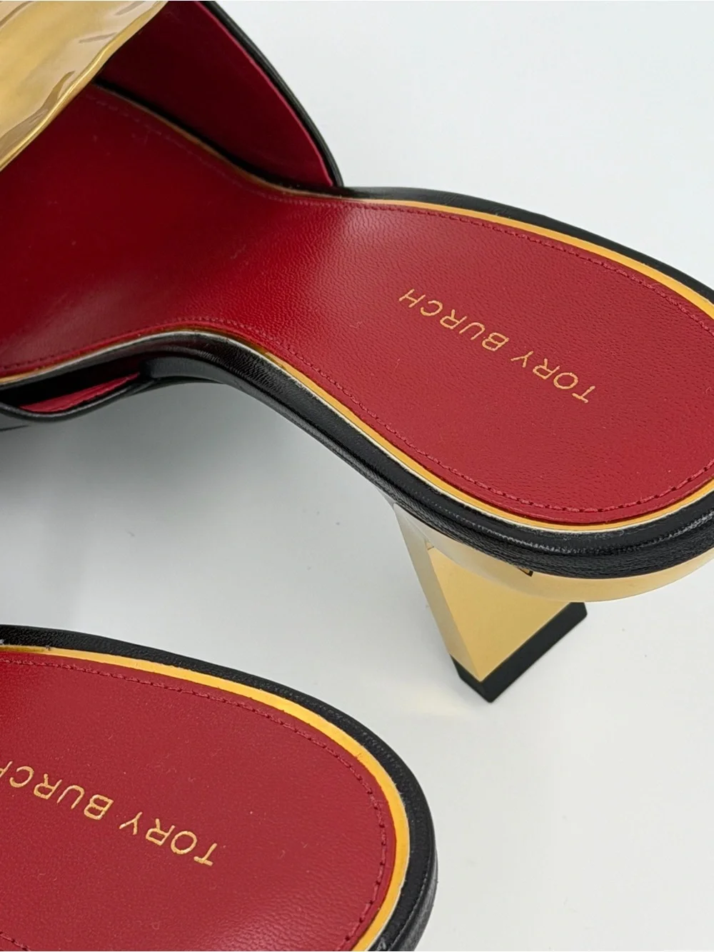 Tory Burch Patos Mismatch Heel Sandals – Black/Red/Gold – Size 8 – New in Box